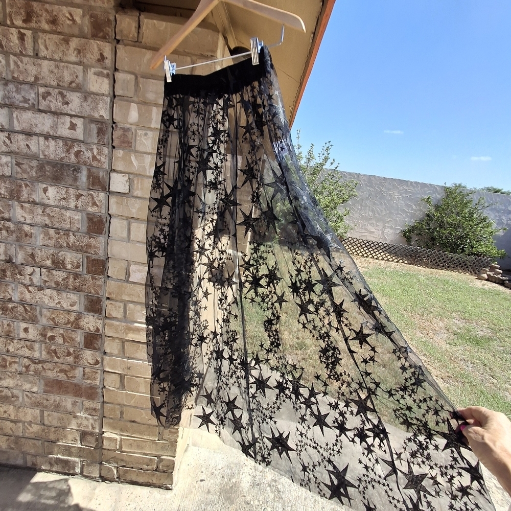 Romwe Black Mesh Sheer Embroidered Stars Maxi Cover-up Skirt Women Size Medium - Picture 6 of 16